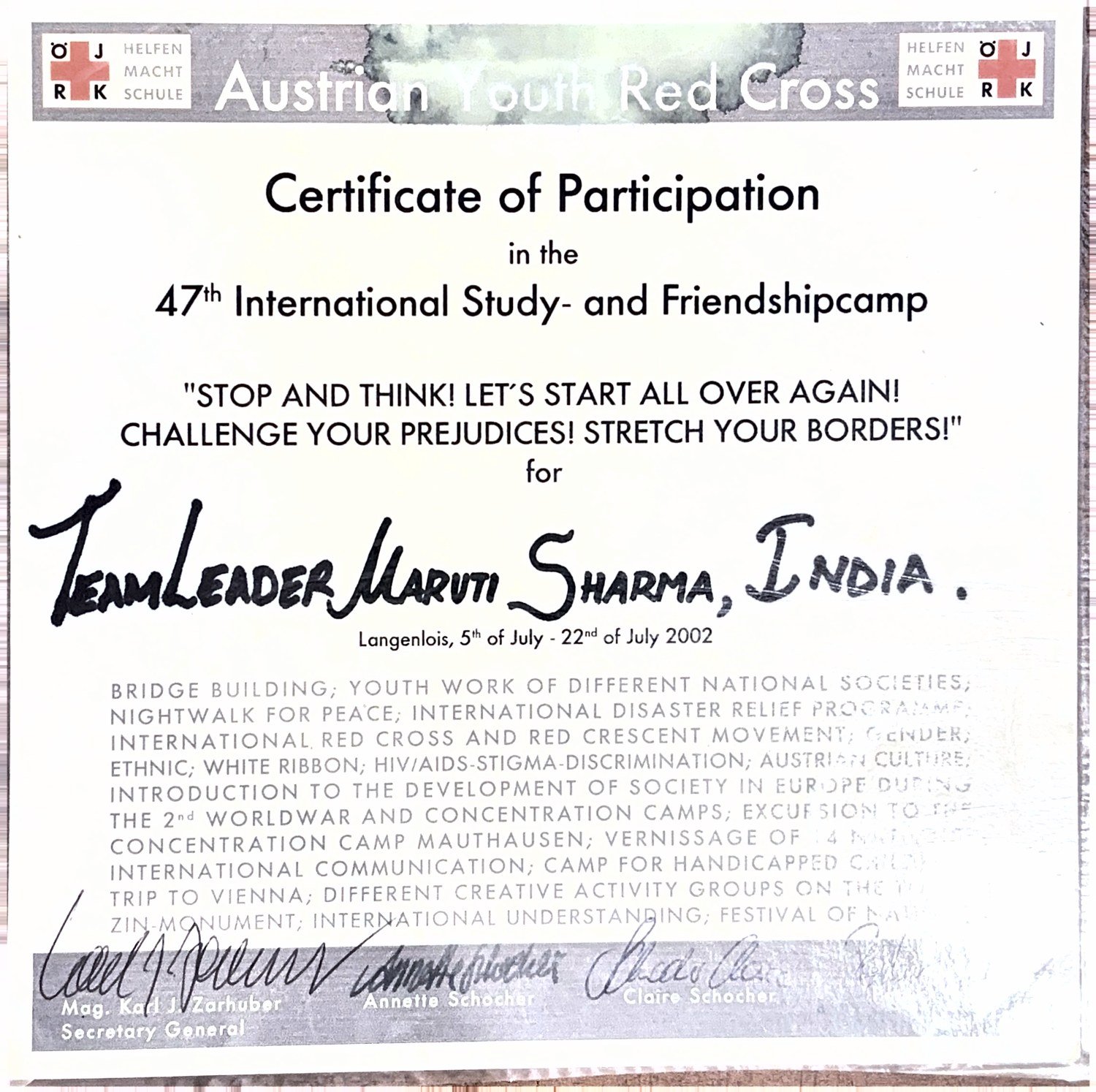 Austrian Youth Red Cross certificate of participation, Team Leader Maruti Sharma India, 47th International Study and Friendship Camp, 2002