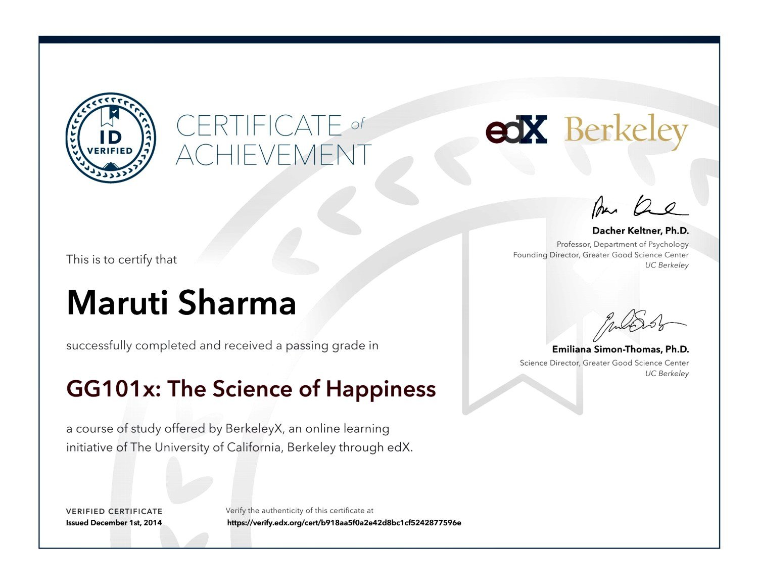 BerkeleyX GG101x The Science of Happiness verified certificate, 1 December 2014