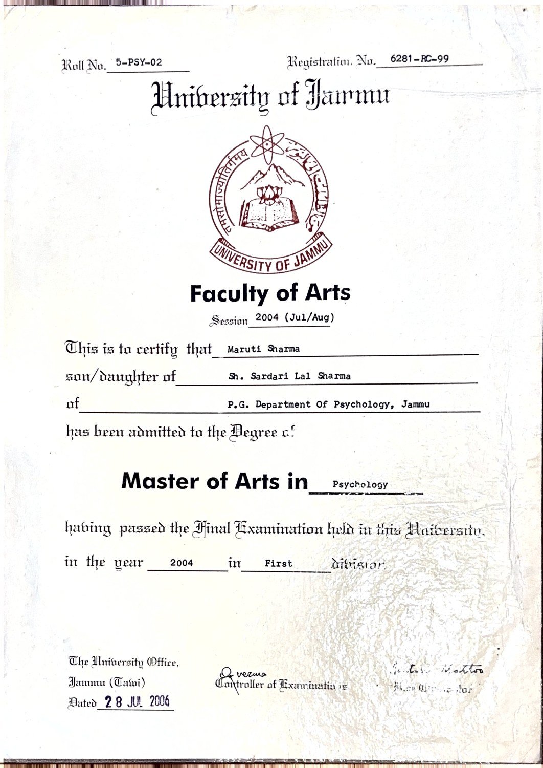 University of Jammu Master of Arts in Psychology certificate, 2004