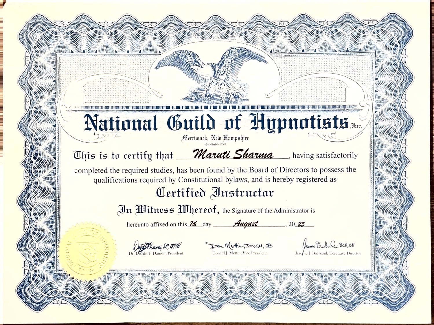 National Guild of Hypnotists Certified Instructor certificate, August 2025