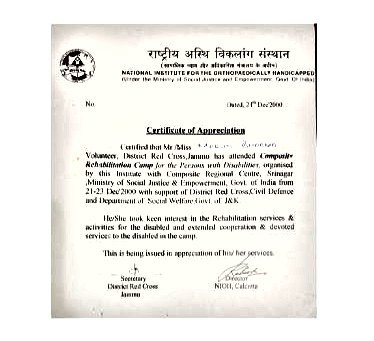 National Institute for the Orthopaedically Handicapped certificate of appreciation, Composite Rehabilitation Camp, December 2000