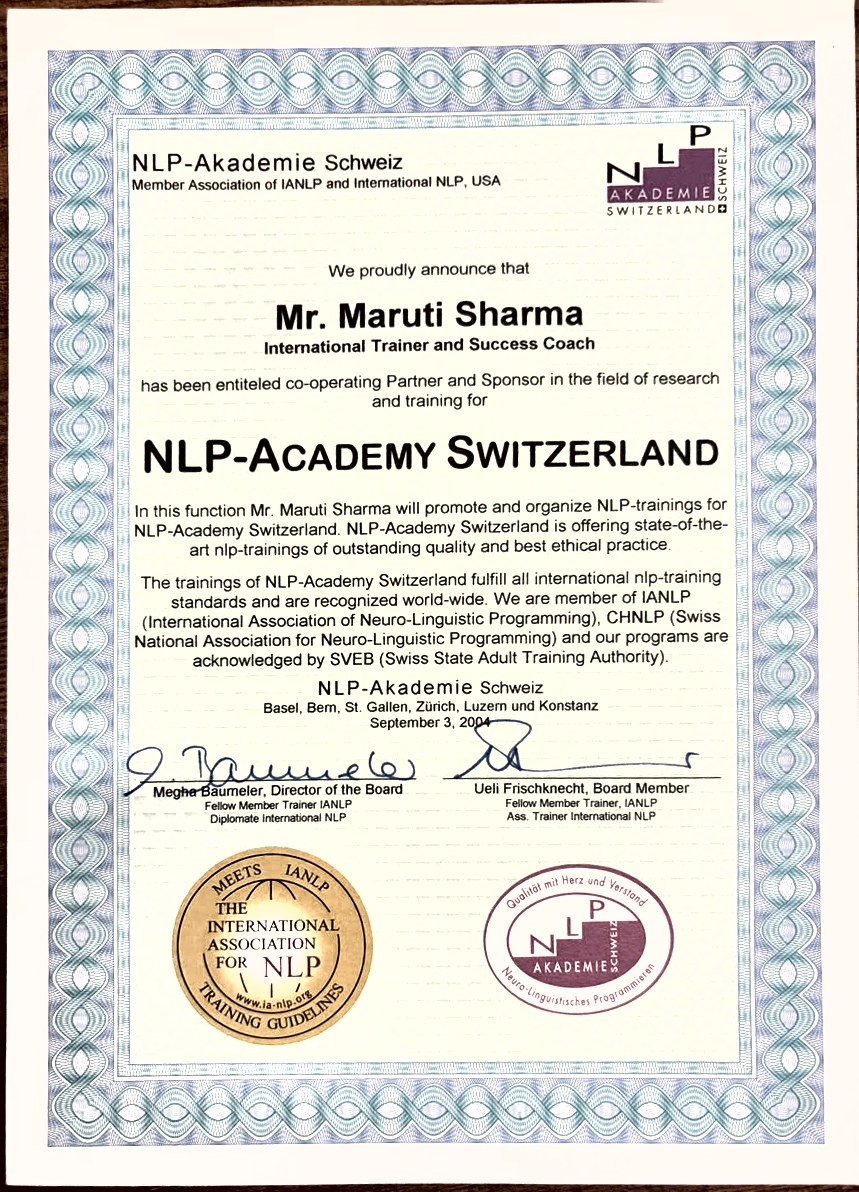 NLP-Akademie Schweiz certificate naming Maruti Sharma co-operating Partner and Sponsor, 3 September 2004