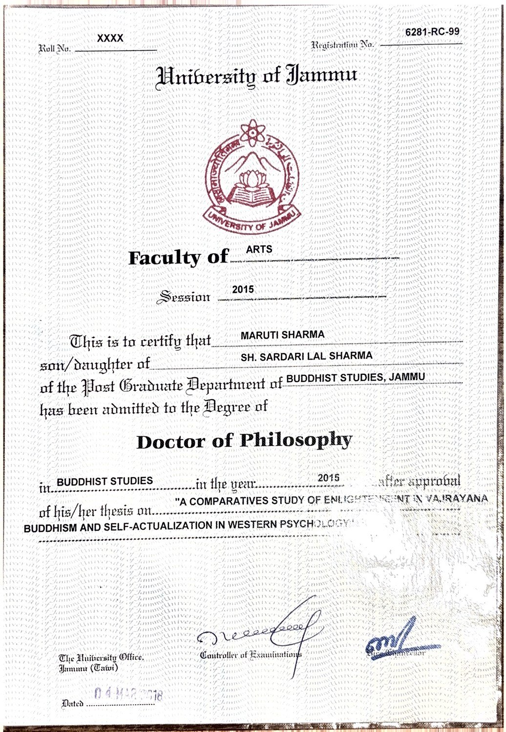 University of Jammu Doctor of Philosophy certificate in Buddhist Studies, 2015