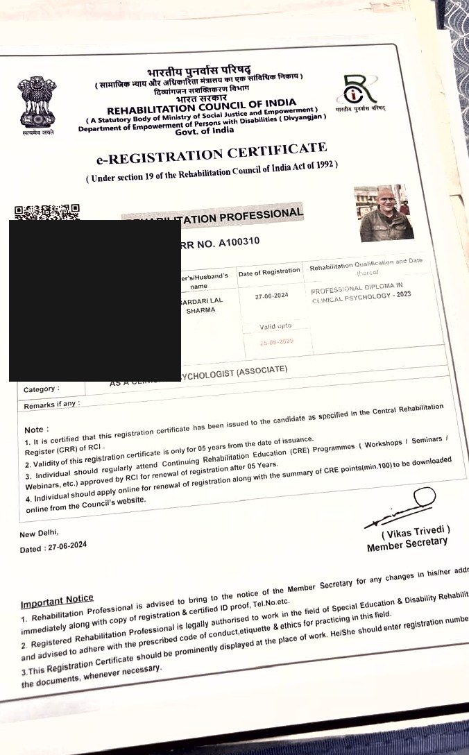 Rehabilitation Council of India e-Registration certificate, Clinical Psychologist (Associate), CRR No. A100310