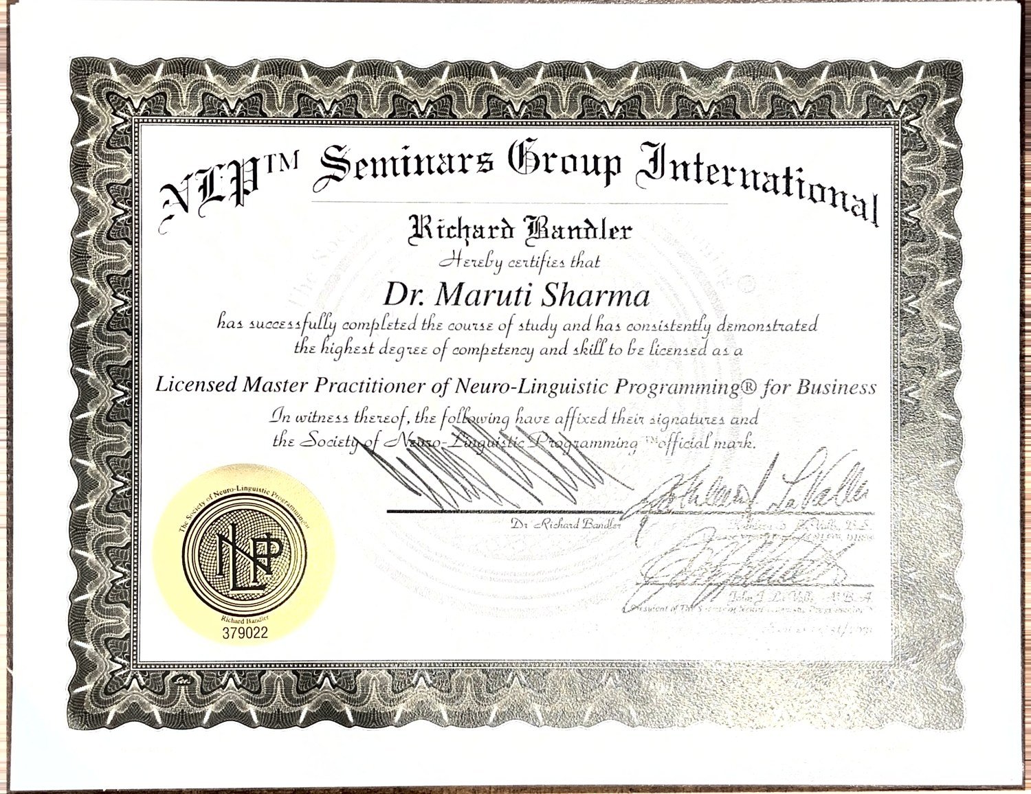 Licensed Master Practitioner of Neuro-Linguistic Programming for Business, seal 379022