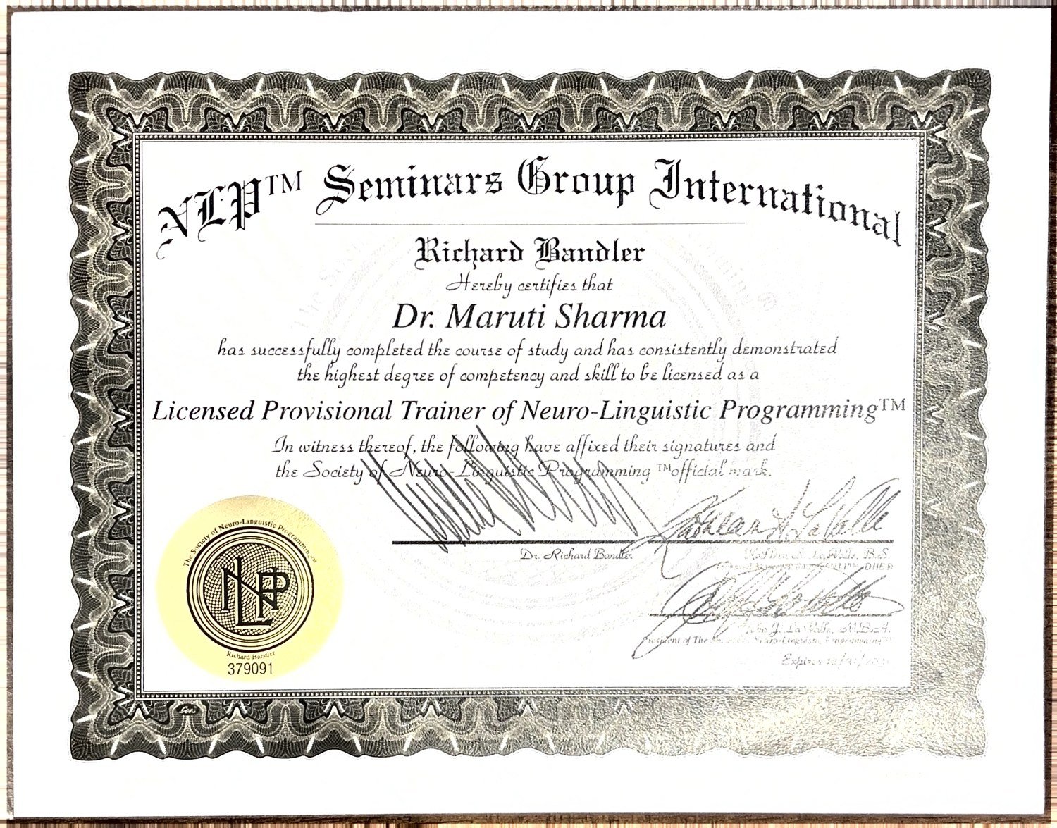 Licensed Provisional Trainer of Neuro-Linguistic Programming certificate, seal 379091