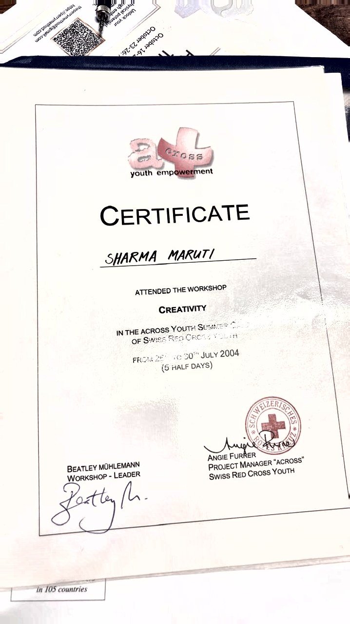 Swiss Red Cross Youth across certificate, Creativity workshop, 2004