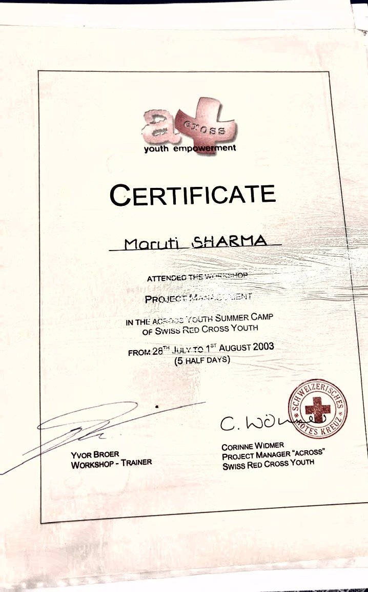 Swiss Red Cross Youth across certificate, Project Management workshop, 2003